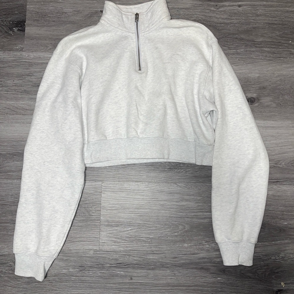 TNA Cozy Light Gray Half-Zip Cropped Sweater